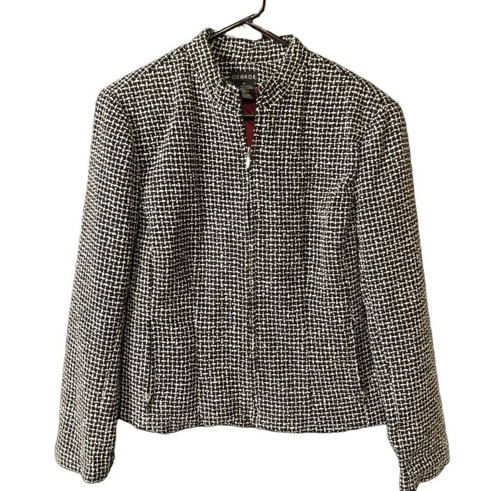 George Women's Boucle Basketweave Jacket Black/White Zip-up Long Sleeve Red Lini